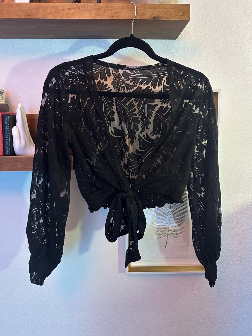 Black Tie-Front Sheer Lace Women's Top